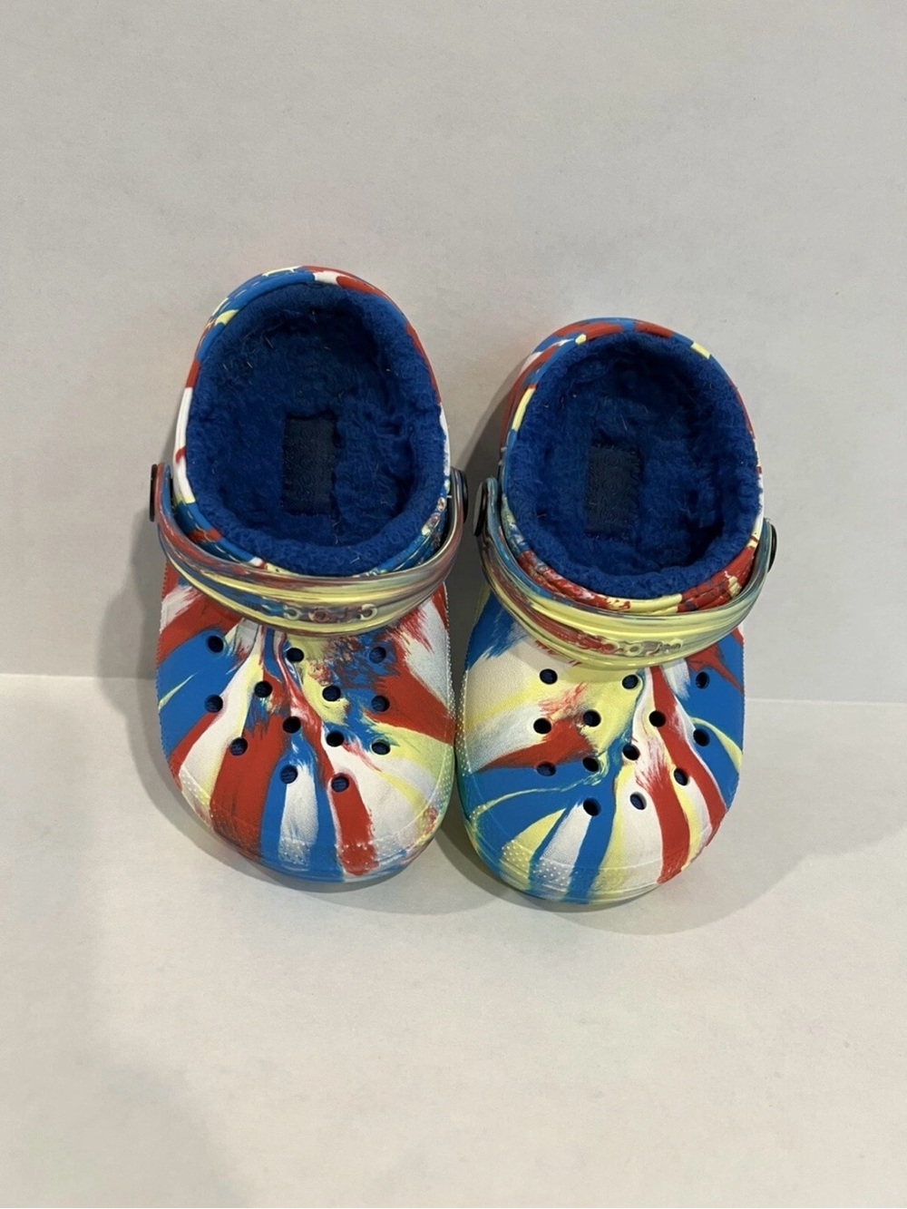 CROCS Kids Faux-Fur Clog with Red, Blue & Yellow Swirl